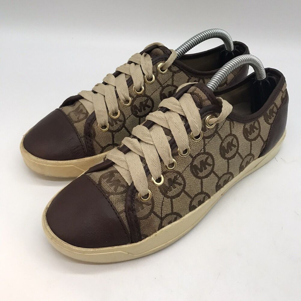 Michael Kors MK  Fashion Sneakers Women's 6M Cap Toe Brown Signature Logo Canvas
